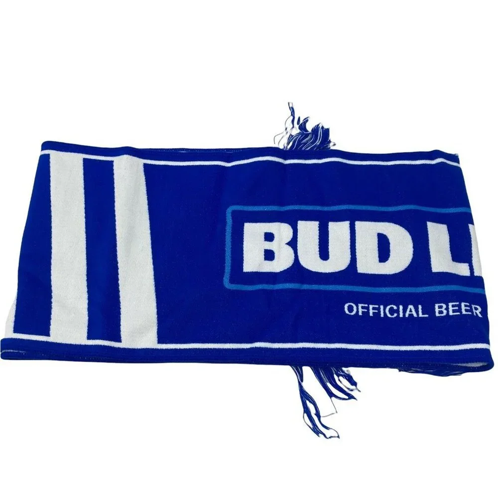 NFL Budlite Scarf Blue White New In Bag Spell Out Fringe